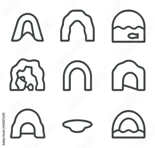 Cave Topology Icon Set. Outline icon set of cave topology features: narrow tunnel, cavern chamber, submerged gallery, collapse