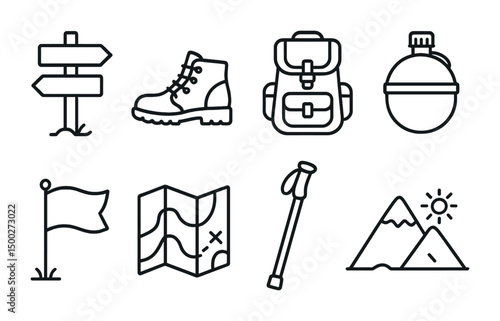 Outdoor and camping line icons set – hiking, travel, adventure symbols