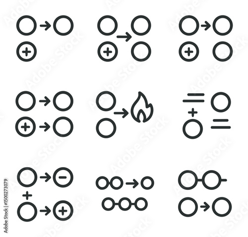 Chemical Reaction Icons. Outline icon set of reaction types: synthesis, decomposition, single displacement, double displacement,