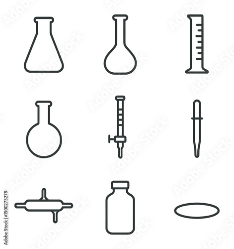 Chemistry Glassware Icons. Outline icon set of chemistry glassware essentials: Erlenmeyer flask, volumetric flask, graduated