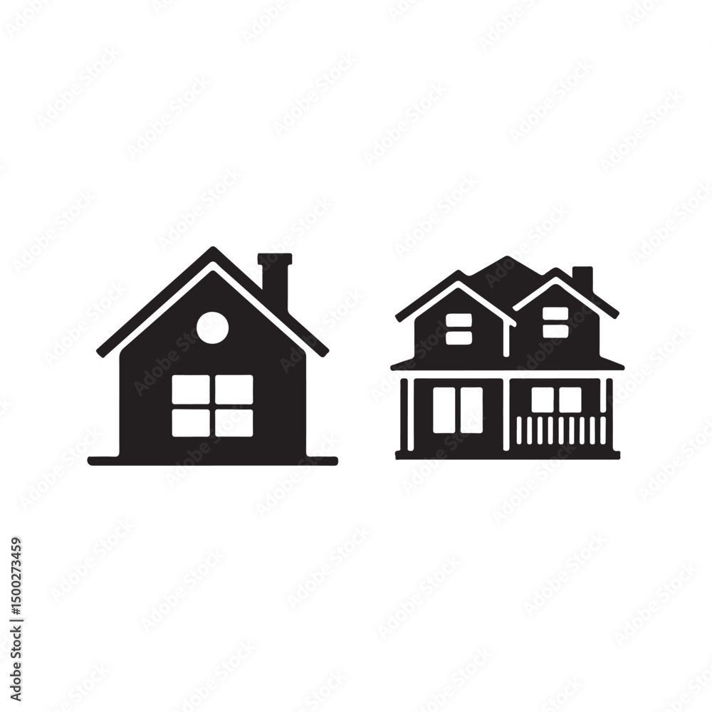 Two residential home styles for real estate comparison.Simple black and white silhouettes of two different house styles. Two residential home styles for real estate comparison.Simple black and white silhouettes of two different house styles.