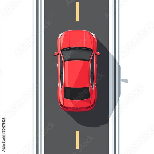 Red car on a road, top-down view