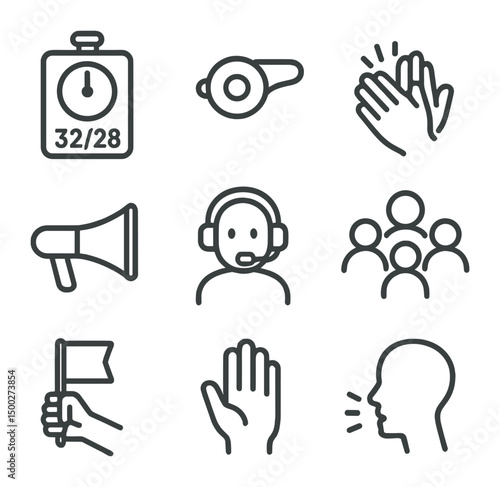 Coaching Signal Icons. Outline icon set of coaching signals: stroke rate board, whistle signal, hand clap cue, pace coach horn,