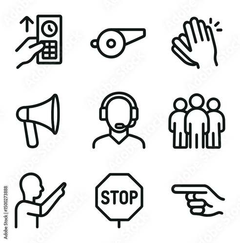 Coaching Signal Icons. Outline icon set of coaching signals: stroke rate board, whistle signal, hand clap cue, pace coach horn,