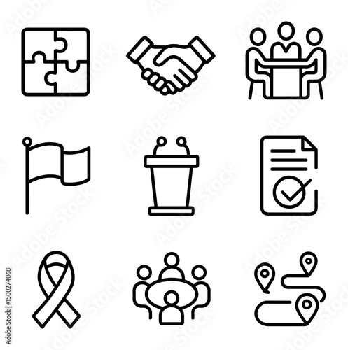 Coalition Governance Icons. Outline icon set of coalition governance: puzzle-piece parties, handshake alliance, consensus table,