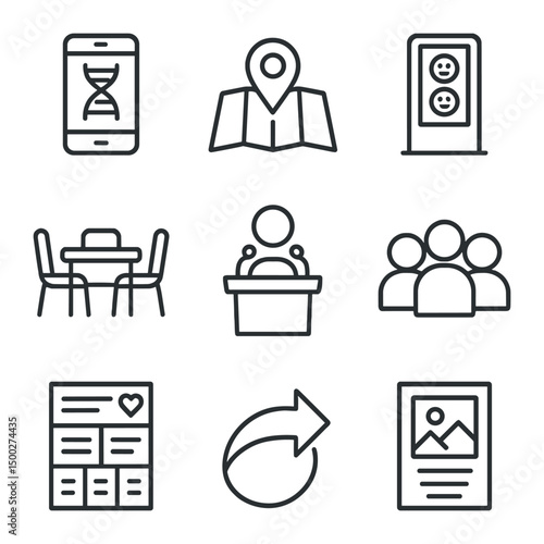 Community Engagement Icons. Outline icon set of community engagement platforms: citizen science app, participatory map, feedback