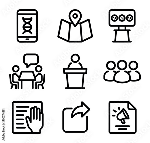 Community Engagement Icons. Outline icon set of community engagement platforms: citizen science app, participatory map, feedback