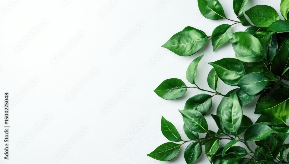 Fototapeta premium Fresh green leaves arranged on white background