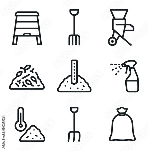 Composting Tools Icons. Outline icon set of composting cuttings waste: compost bin, garden fork, shredding machine, compost pile,