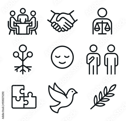 Conflict Resolution Icons. Outline icon set of conflict resolution techniques: mediation table, compromise handshake, neutral