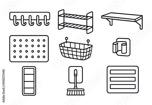 Home organization linear icons set – storage, space, and tidiness symbols
