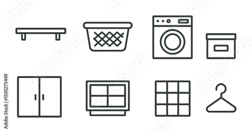 Laundry and home outline icons set – washing, clothing, household symbols