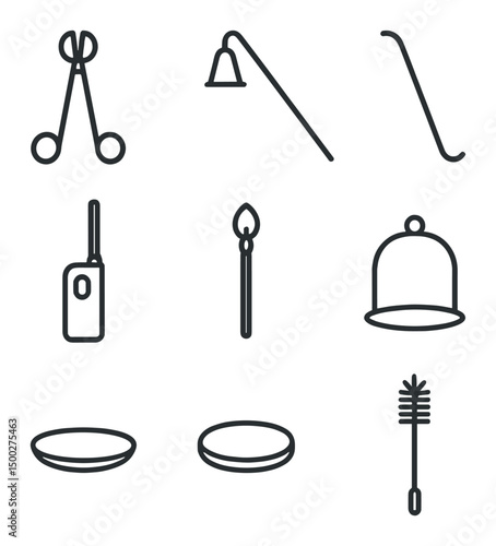 Candle Care Icon Set. Outline icon set of candle care tools: wick trimmer, candle snuffer, wick dipper, long-neck lighter, wooden