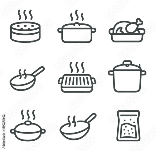 Cooking Method Icons. Outline icon set of cooking methods to retain nutrients: steaming basket, blanching pot, roasting tray, saut