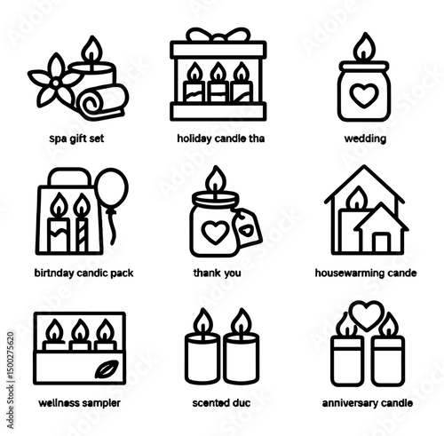 Candle Gift Icon Set. Outline icon set of themed candle gift sets: spa gift candle set, holiday candle trio, wedding favor candle,
