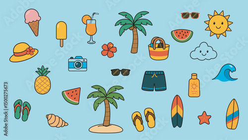 Set of 25 illustrated summer elements in a flat vector style. Includes fruits, beach accessories, and classic summer symbols. Ideal for digital projects, prints, stationery, stickers, and more.