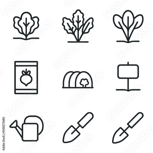 Cool-Season Veggie Icons. Outline icon set of cool-season vegetable planting: lettuce seedling, kale plant, spinach sprout, radish