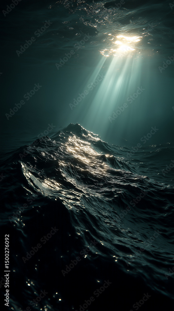 Fototapeta premium Sunbeams pierce the dark ocean depths, illuminating rolling waves in a display of nature's raw beauty. Deep blue and sunlight contrast.