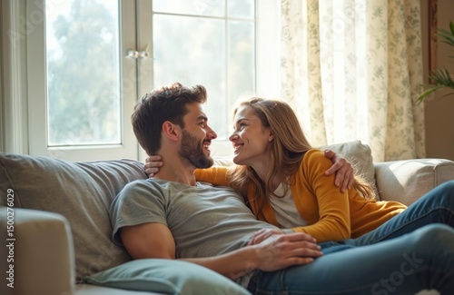 Young couple in love relax on couch at home. Girl lies on lap of guy looks into eyes. Smile, tenderness, joy. Relationship, human connection, family, modern interior, happy together.
