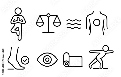 Yoga and wellness linear icons set – mediation, outline, exercise symbols