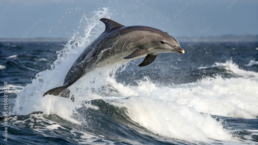 Fototapeta premium Dolphin jumping out of the ocean water wildlife sea mammal marine life aquatic animal nature photography