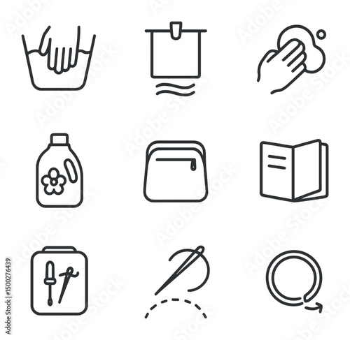 Care Icons Grid. Outline icon set of care and maintenance: hand wash, air dry, spot clean, fabric softener, storage bag,