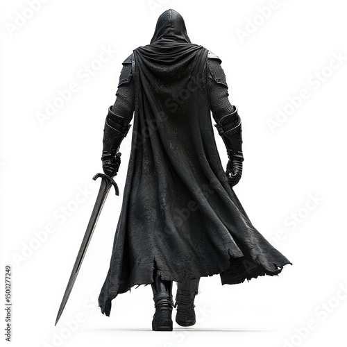 Dark hooded figure walks away, sword held