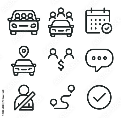 Carpool Icons Set. Outline icon set of carpooling coordination: group in car, car icon with multiple avatars, schedule calendar,