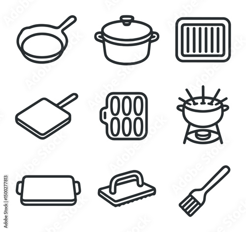 Cast Iron Cookware Icons. Outline icon set of cast iron cookware: skillet, Dutch oven, grill pan, griddle, cornbread pan, fondue
