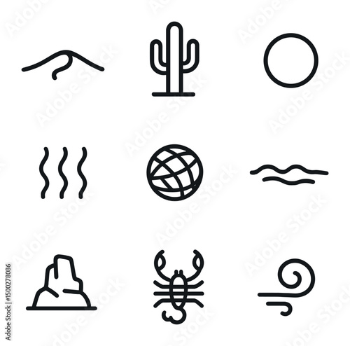 Desert Horizons Icon Set. Outline icon set of desert horizons: sand dune curve, cactus cluster, sun disk, heat haze, tumbleweed,