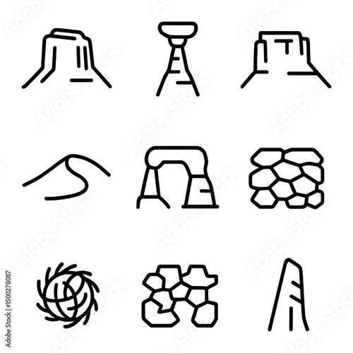 Desert Rock Icon Set. Outline icon set of desert rock formations: sandstone butte, hoodoo pillar, rock mesa, eroded arch, dune