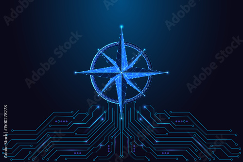 Smart navigation and digital direction with glowing compass and circuit board, vector illustration