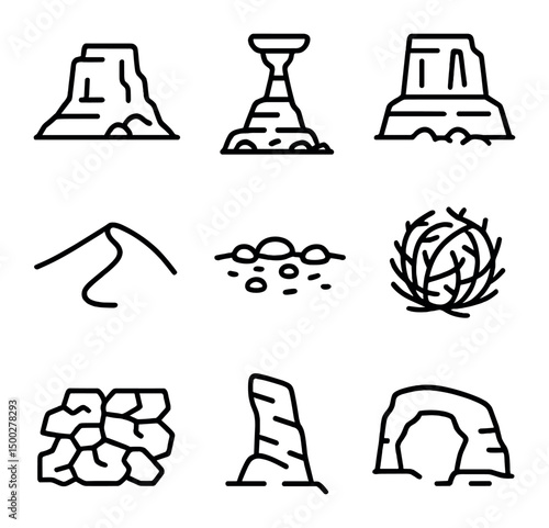 Desert Rock Icon Set. Outline icon set of desert rock formations: sandstone butte, hoodoo pillar, rock mesa, eroded arch, dune