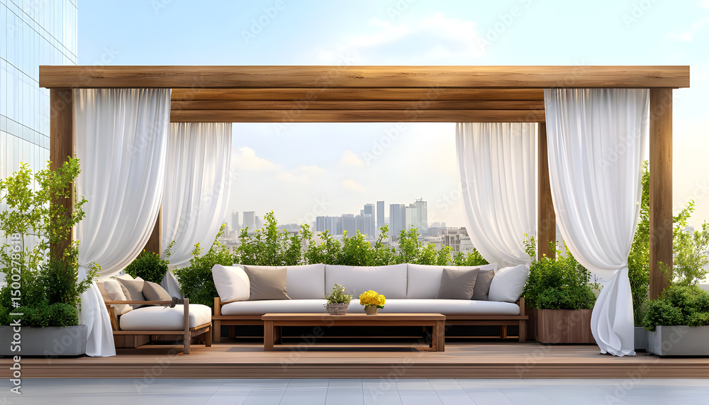 custom made wallpaper toronto digitalElegant outdoor lounge area featuring a wooden pergola, white curtains, and comfortable seating. A luxurious outdoor lounge area, complete with a wooden pergola, comfortable seating