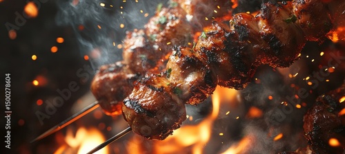 Grilled meat skewers over an open fire