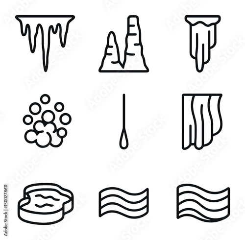 Cave Formation Icons. Outline icon set of stalactite formations: drippy stalactite, stalagmite pair, flowstone sheet, column