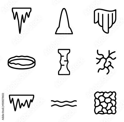 Cave Formation Icons. Outline icon set of subterranean cave formations: stalactite, stalagmite, flowstone drape, rimstone pool,