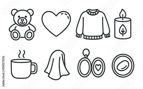 Cozy home outline icons set – filled, linear, comfort and relaxation symbols