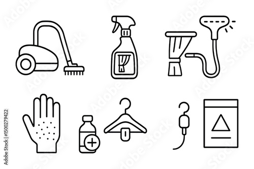 Cleaning supplies outline icons set – silhouette, household, sanitation essentials