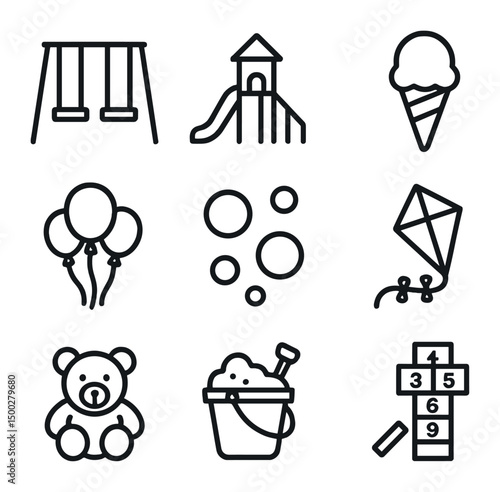 Childhood Joy Icons. Outline icon set of childhood joy: swings, playground slide, ice cream cone, balloons, bubbles, kite, teddy