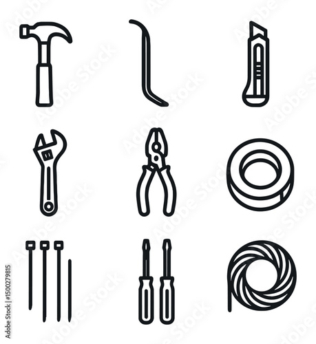 DIY Emergency Tool Icons. Outline icon set of DIY emergency tools kit: hammer, pry bar, utility knife, adjustable wrench, pliers,