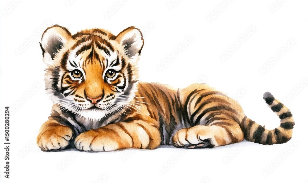 Fototapeta premium Watercolor kid tiger doll, isolated on white background. AI generated illustration.