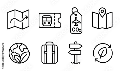 Travel and tourism outline icons set – map, ticket, eco-friendly symbols