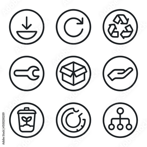 Circular Economy Icons. Outline icon set of circular economy principles: reduce icon, reuse arrow, recycle loop, repair wrench,