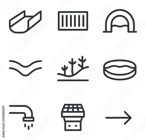 Drainage Icon Set. Outline icon set of drainage and stormwater channels: gutter trough, storm drain grate, culvert arch, swale