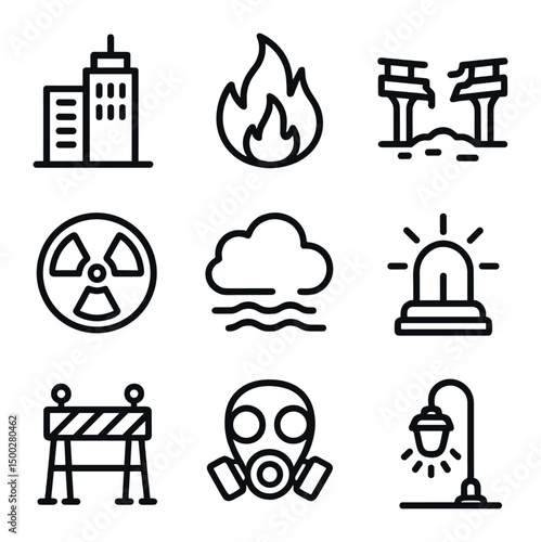 Dystopian City Icons. Outline icon set of dystopian cityscape: skyscraper silhouette, raging fire, collapsed bridge, radiation