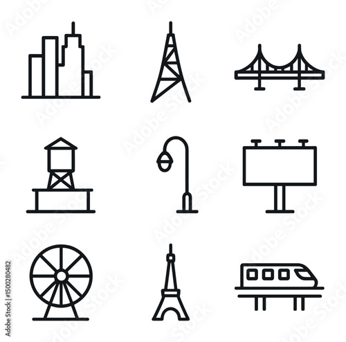 City Skyline Icons. Outline icon set of Pelagia in aquarium display: display tank, water filtration, circulation pump, feeding