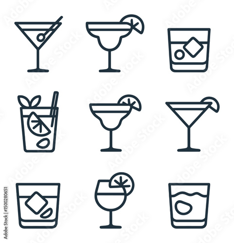 Classic Cocktail Icons. Outline icon set of cocktail classics: martini, margarita, old fashioned, mojito, daiquiri, cosmopolitan,