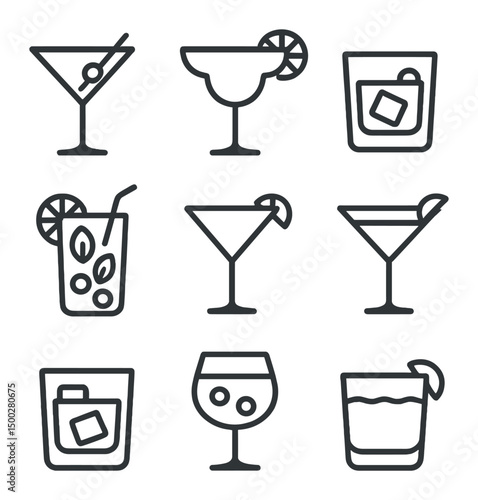 Classic Cocktail Icons. Outline icon set of cocktail classics: martini, margarita, old fashioned, mojito, daiquiri, cosmopolitan,