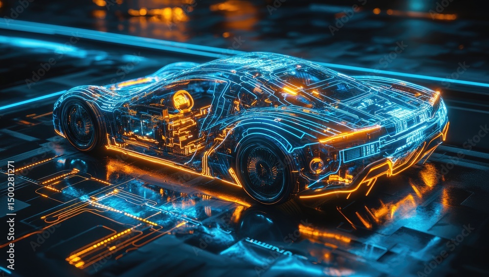Futuristic car, glowing with digital lines, electric car, detailed Futuristic car, glowing with digital lines, electric car, detailed